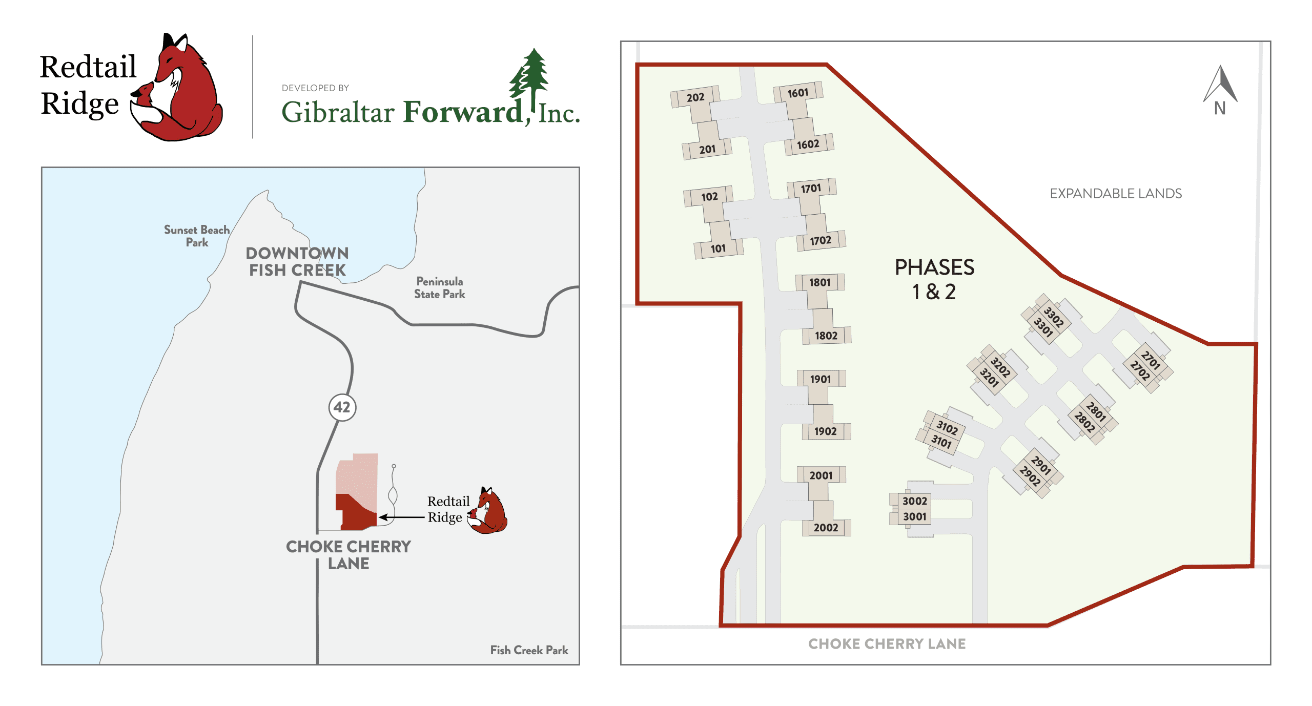 Map of Redtail Ridge showing geographic location and site plan.